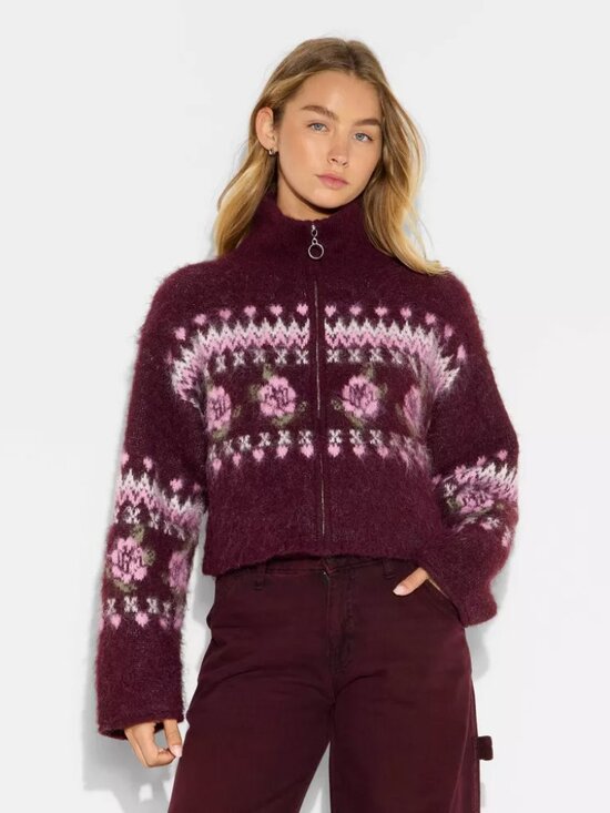 wild fable Sweaters - Women's Full Zip Mock Turtleneck Cardigan - Wild Fable™ Burgundy Floral